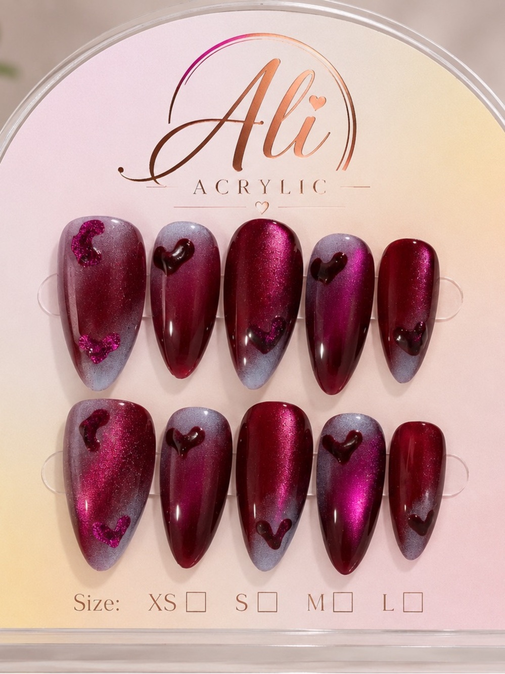 Ali Acrylic Burgundy Ombre Heart Press-On Nails M SIZE